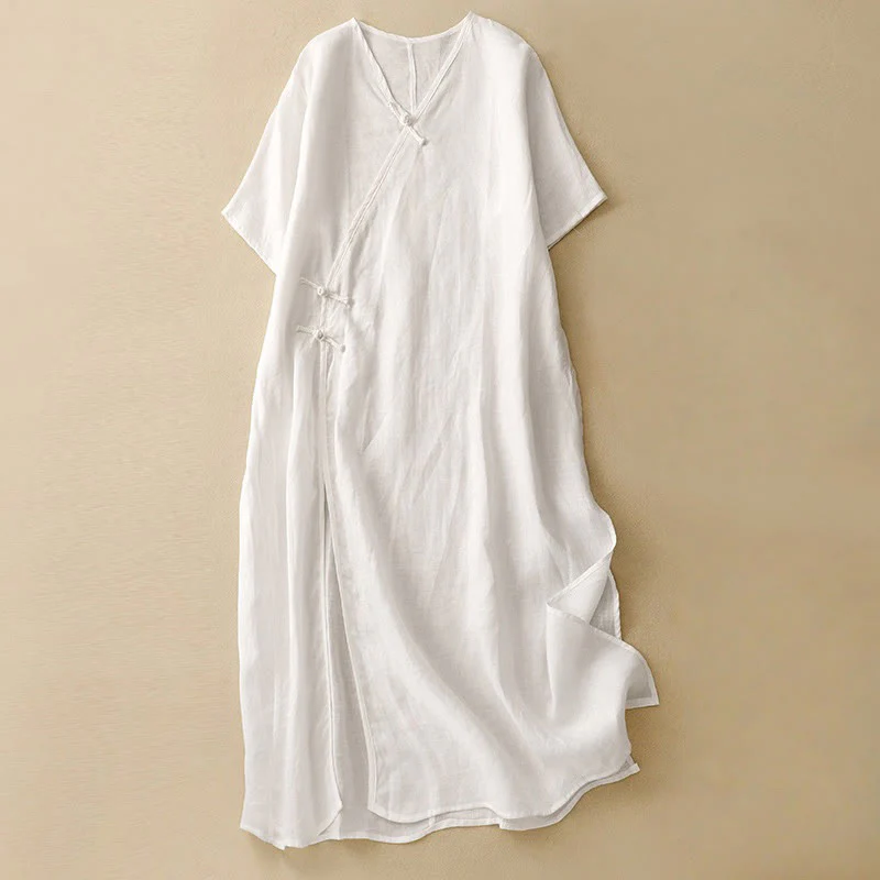 Abito midi da donna in cotone e lino con maniche corte, scollo a V, bottoni a rana , Buddha Stones - Image 12