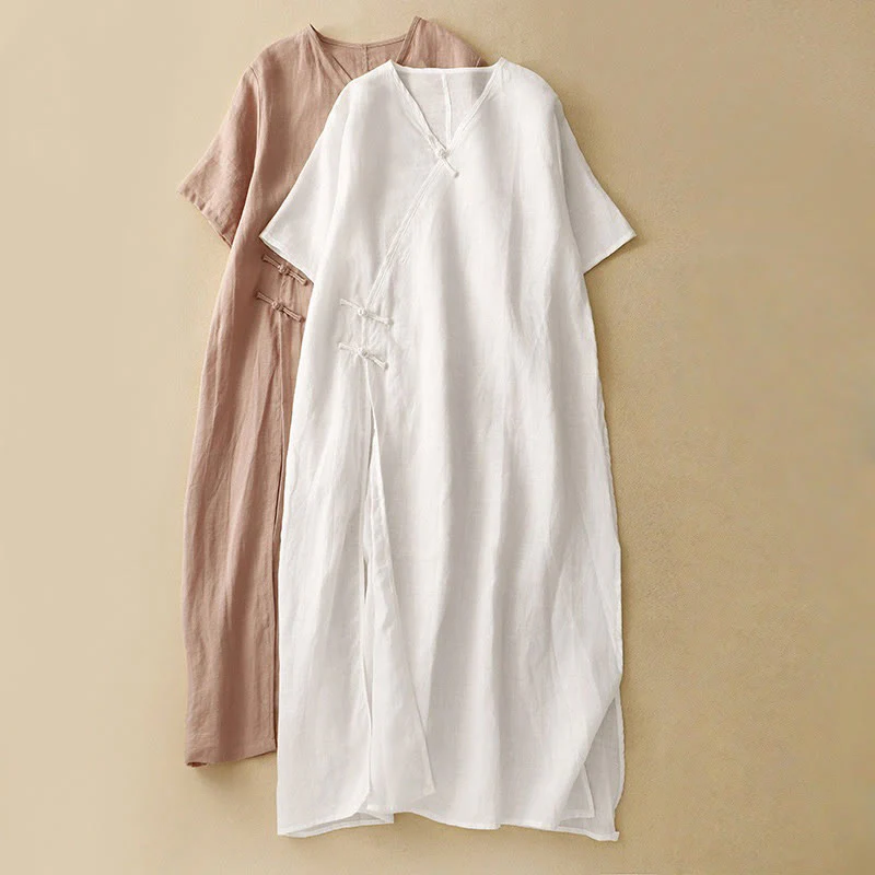 Abito midi da donna in cotone e lino con maniche corte, scollo a V, bottoni a rana , Buddha Stones - Image 13