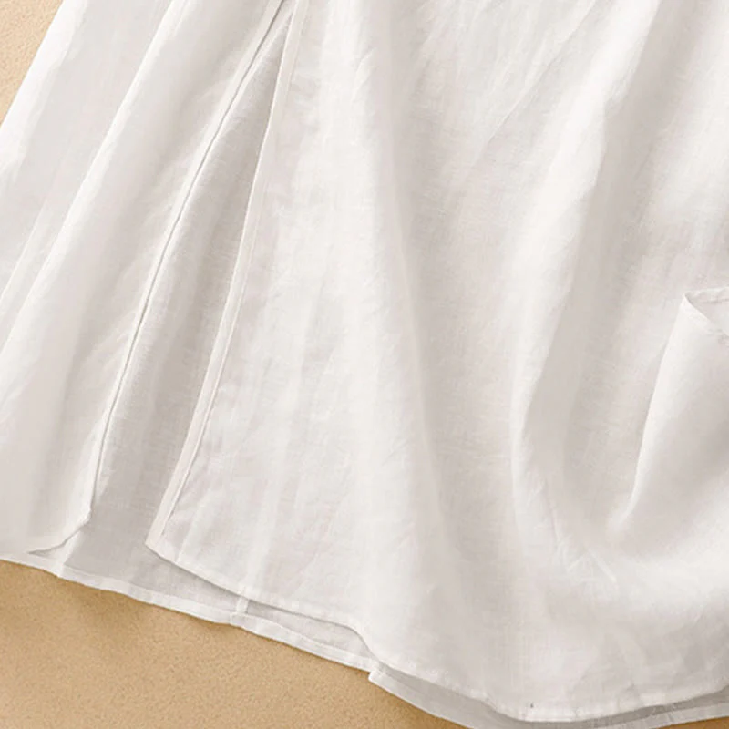 Abito midi da donna in cotone e lino con maniche corte, scollo a V, bottoni a rana , Buddha Stones - Image 18