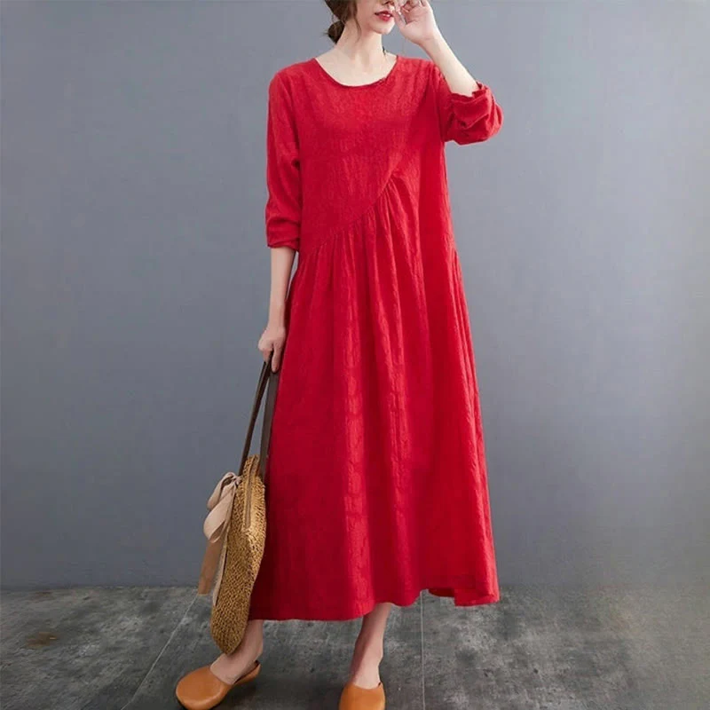 Abito midi da donna in cotone e lino con maniche lunghe e motivo jacquard con tasche e motivo Buddha Stones - Image 14