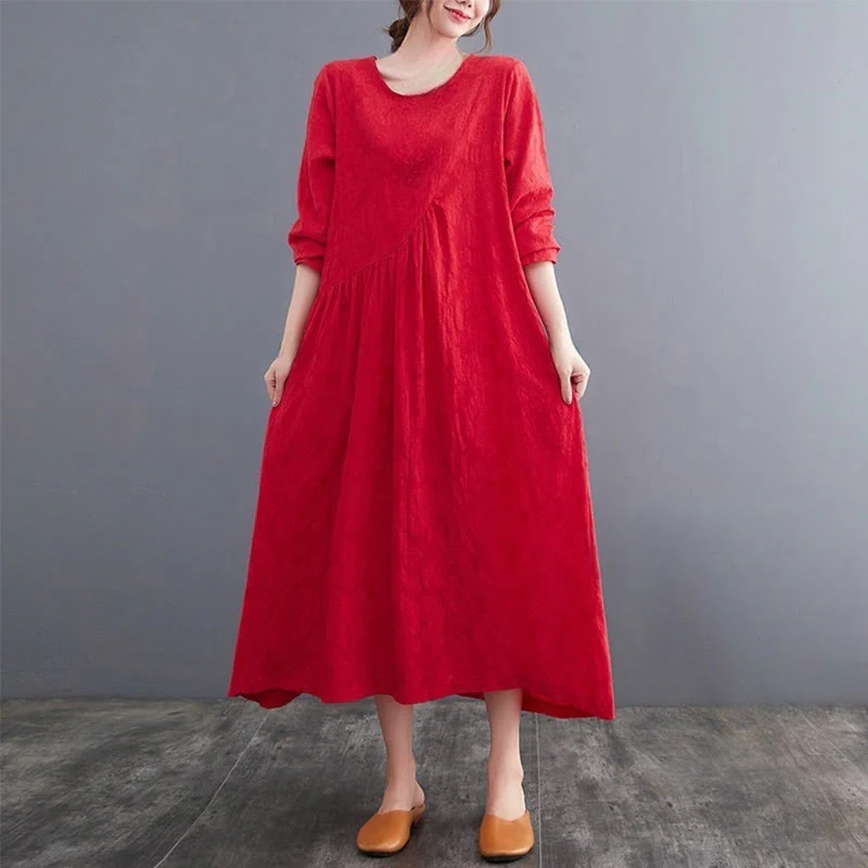 Abito midi da donna in cotone e lino con maniche lunghe e motivo jacquard con tasche e motivo Buddha Stones - Image 9
