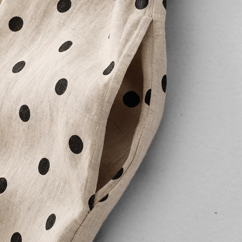 Abito midi da donna in cotone e lino con tasche, a pois estivi, con scollo a V e lacci, Buddha Stones - Image 13