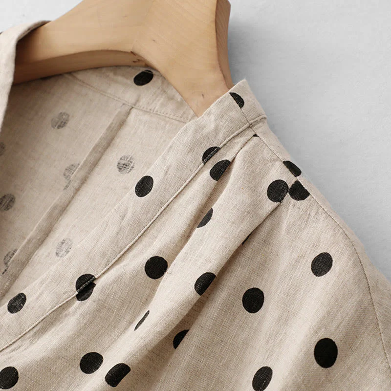 Abito midi da donna in cotone e lino con tasche, a pois estivi, con scollo a V e lacci, Buddha Stones - Image 15
