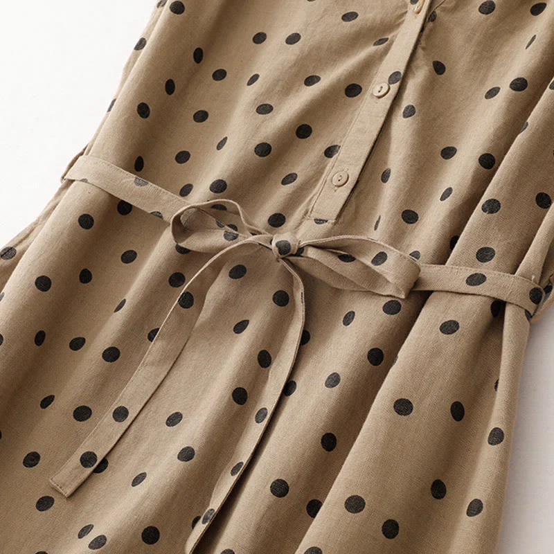 Abito midi da donna in cotone e lino con tasche, a pois estivi, con scollo a V e lacci, Buddha Stones - Image 6