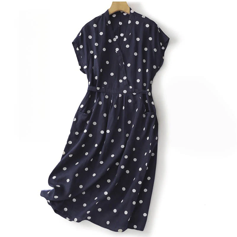 Abito midi da donna in cotone e lino con tasche, scollo a V Buddha Stones