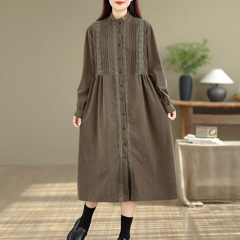 Abito midi da donna in velluto a coste con maniche lunghe, tasche e bottoni invernali plissettati Buddha Stones - Image 6