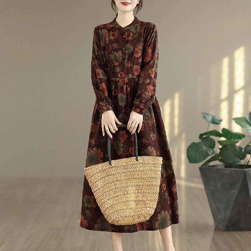 Abito midi in cotone a maniche lunghe con motivo floreale Buddha Stones e tasche