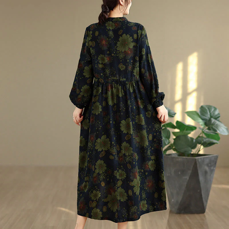 Abito midi in cotone a maniche lunghe con motivo floreale Buddha Stones e tasche - Image 16