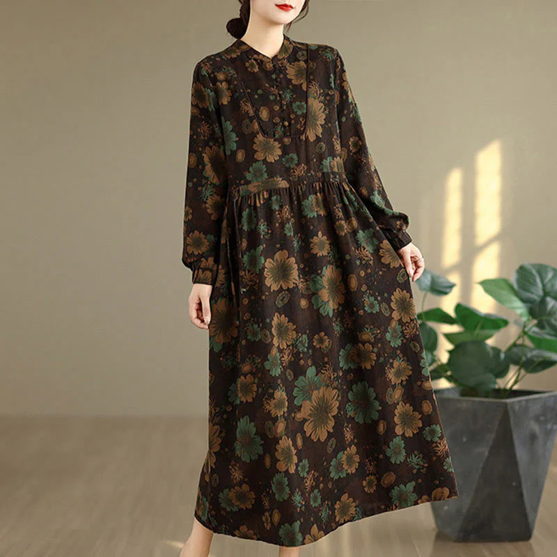 Abito midi in cotone a maniche lunghe con motivo floreale Buddha Stones e tasche - Image 20