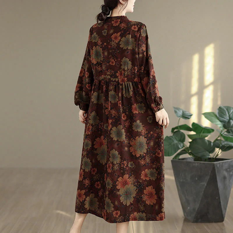 Abito midi in cotone a maniche lunghe con motivo floreale Buddha Stones e tasche - Image 7