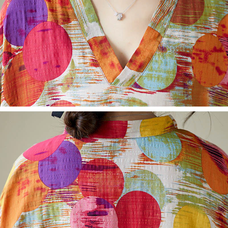 Abito midi in cotone con maniche a mezza manica e tasche, con pois colorati blu e arancioni, Buddha Stones - Image 16