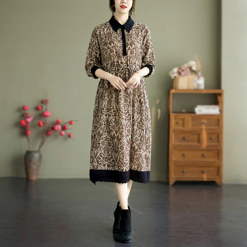 Abito midi in cotone con maniche lunghe, coulisse e tasche, con stampa etnica Buddha Stones - Image 19