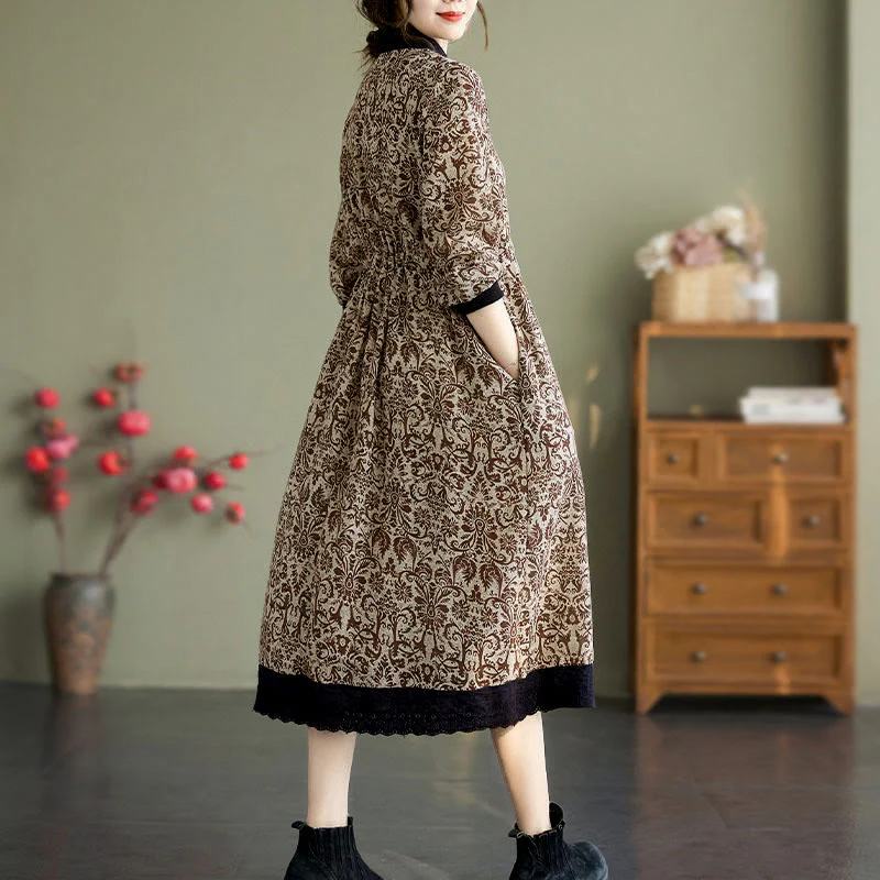 Abito midi in cotone con maniche lunghe, coulisse e tasche, con stampa etnica Buddha Stones - Image 21