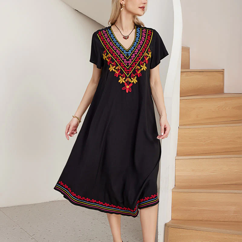 Abito midi in cotone con scollo a V, manica corta, casual, estivo, bohémien, con ricamo geometrico, motivo Buddha Stones