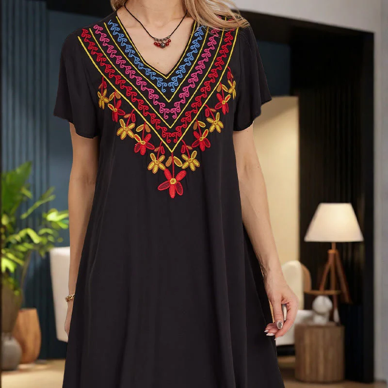 Abito midi in cotone con scollo a V, manica corta, casual, estivo, bohémien, con ricamo geometrico, motivo Buddha Stones - Image 10