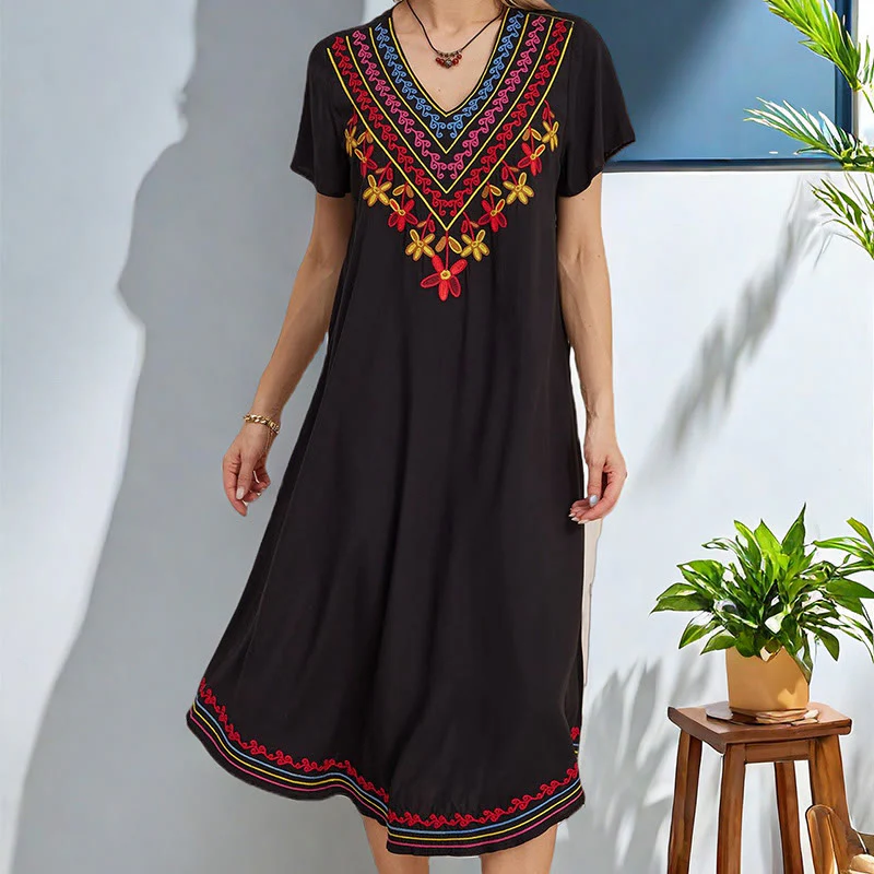 Abito midi in cotone con scollo a V, manica corta, casual, estivo, bohémien, con ricamo geometrico, motivo Buddha Stones - Image 9