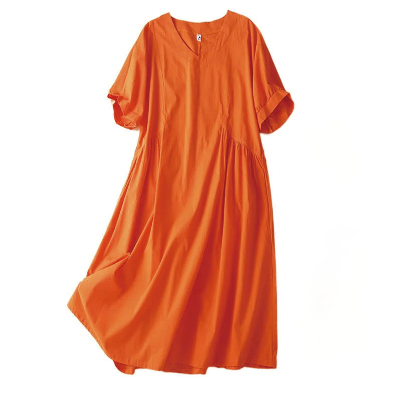 Abito midi in cotone con scollo a V, manica corta, design casual a colori puri Buddha Stones con tasche - Image 9