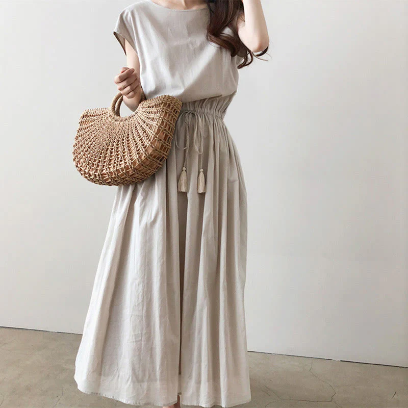 Abito midi in cotone e lino a maniche corte con coulisse in vita orientale casual Buddha Stones