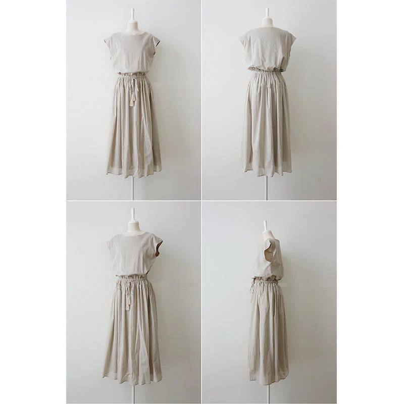 Abito midi in cotone e lino a maniche corte con coulisse in vita orientale casual Buddha Stones - Image 10
