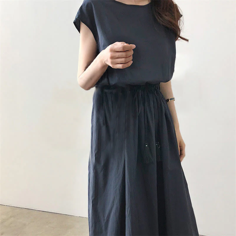 Abito midi in cotone e lino a maniche corte con coulisse in vita orientale casual Buddha Stones - Image 22