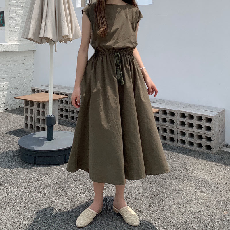 Abito midi in cotone e lino a maniche corte con coulisse in vita orientale casual Buddha Stones - Image 27