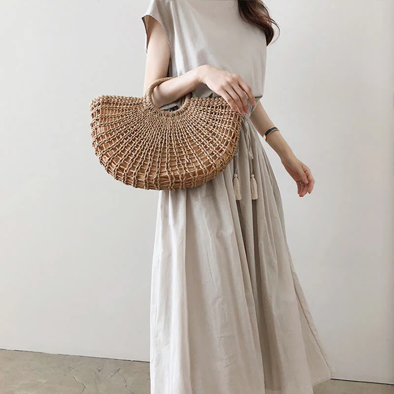 Abito midi in cotone e lino a maniche corte con coulisse in vita orientale casual Buddha Stones - Image 6