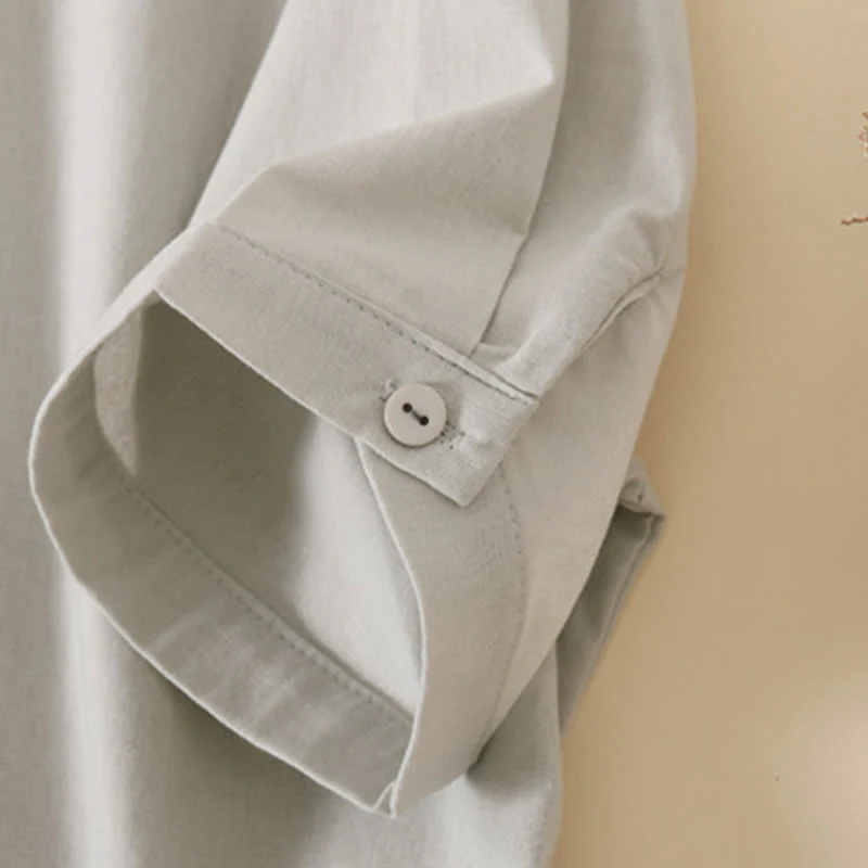 Abito midi in cotone e lino a maniche corte con tasche , Buddha Stones Summer Buttons - Image 14