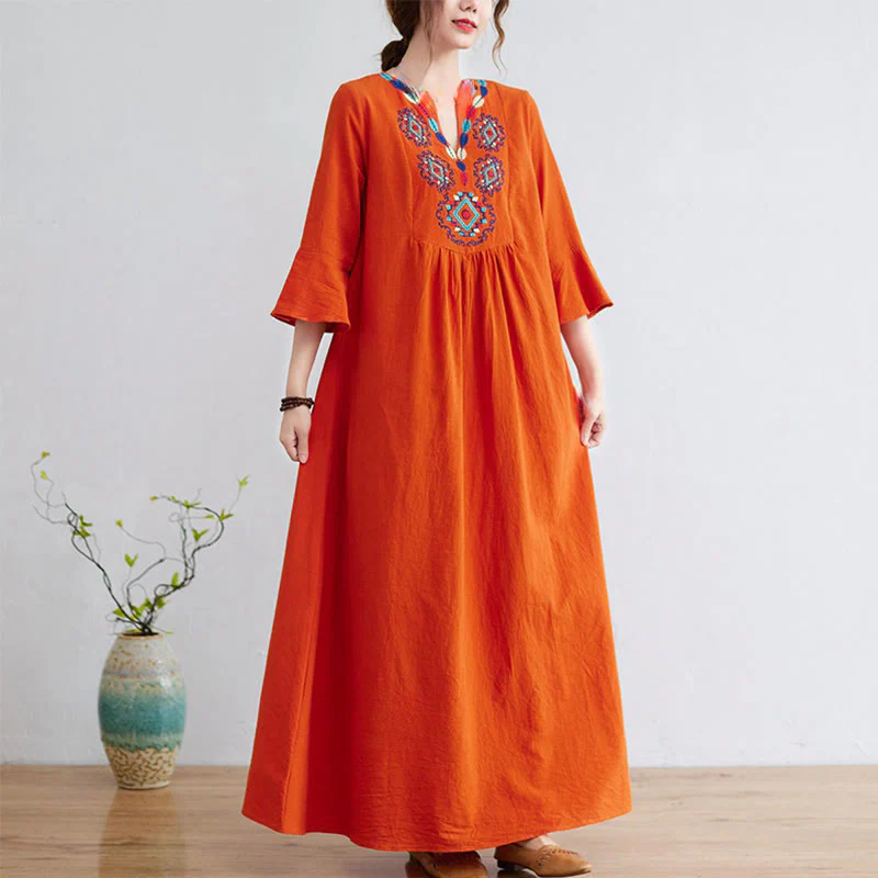 Abito midi in cotone e lino con maniche a tre quarti, scollo a V, motivo floreale ricamato, stile casual, motivo Buddha Stones - Image 10