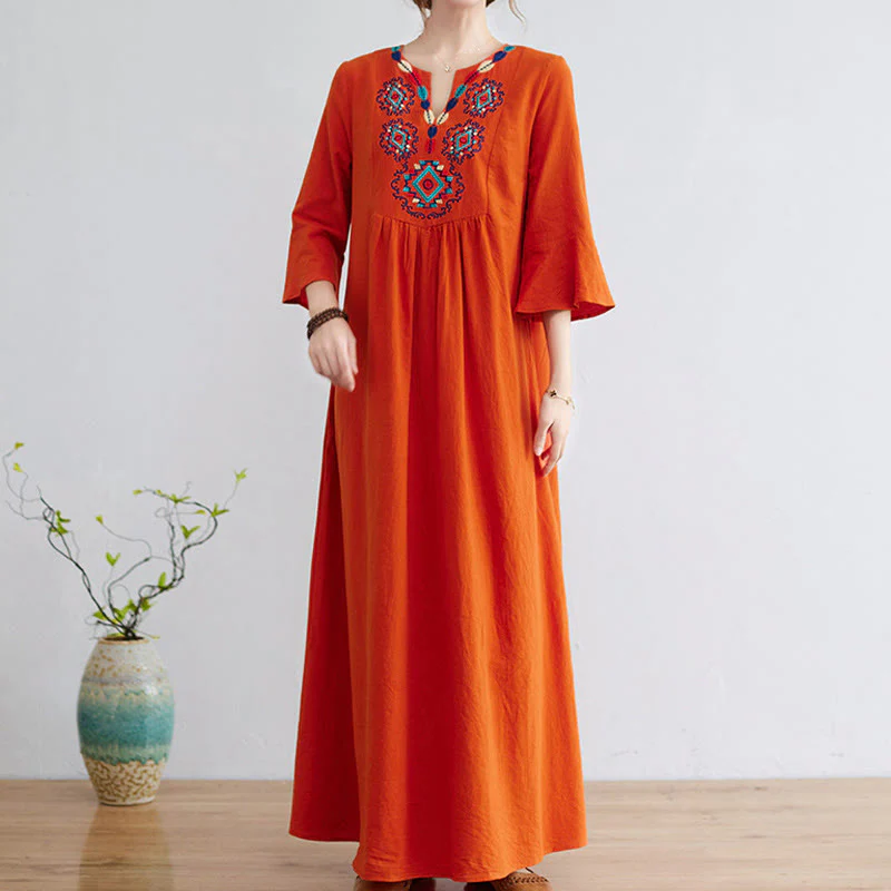 Abito midi in cotone e lino con maniche a tre quarti, scollo a V, motivo floreale ricamato, stile casual, motivo Buddha Stones - Image 11