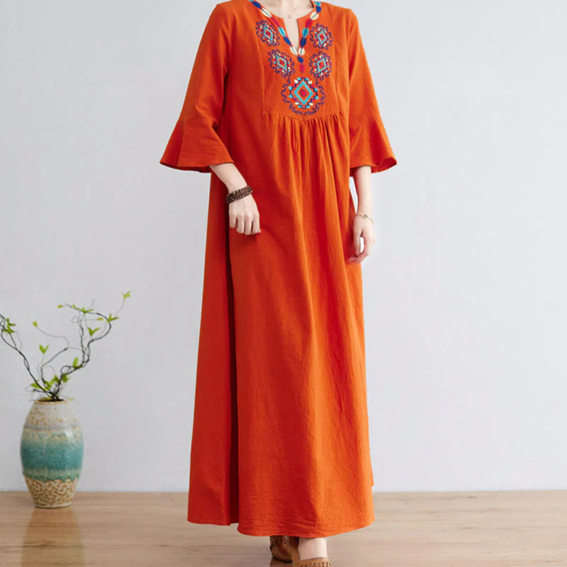 Abito midi in cotone e lino con maniche a tre quarti, scollo a V, motivo floreale ricamato, stile casual, motivo Buddha Stones - Image 12