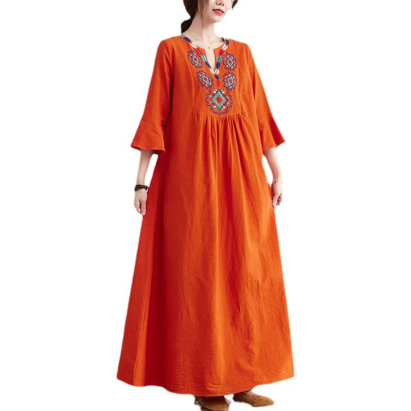 Abito midi in cotone e lino con maniche a tre quarti, scollo a V, motivo floreale ricamato, stile casual, motivo Buddha Stones - Image 13