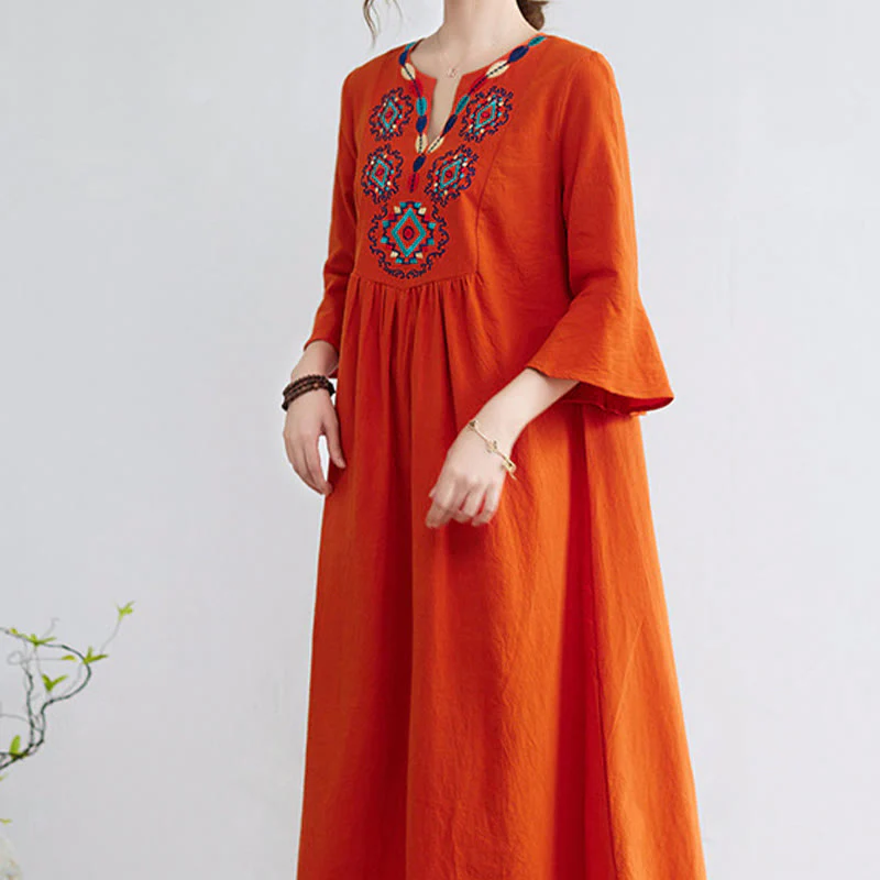 Abito midi in cotone e lino con maniche a tre quarti, scollo a V, motivo floreale ricamato, stile casual, motivo Buddha Stones - Image 14