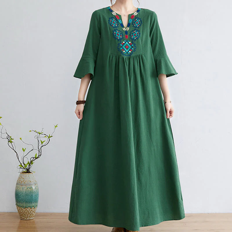 Abito midi in cotone e lino con maniche a tre quarti, scollo a V, motivo floreale ricamato, stile casual, motivo Buddha Stones - Image 15