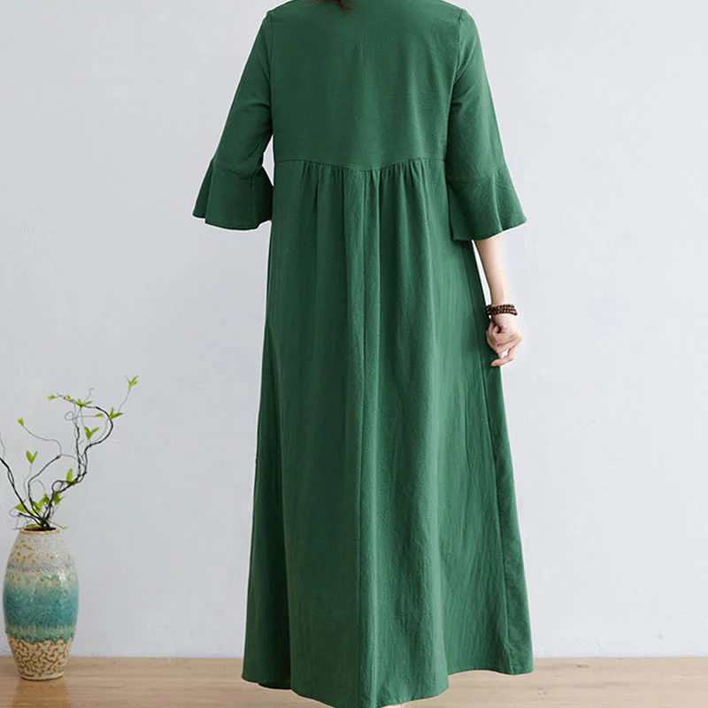 Abito midi in cotone e lino con maniche a tre quarti, scollo a V, motivo floreale ricamato, stile casual, motivo Buddha Stones - Image 16