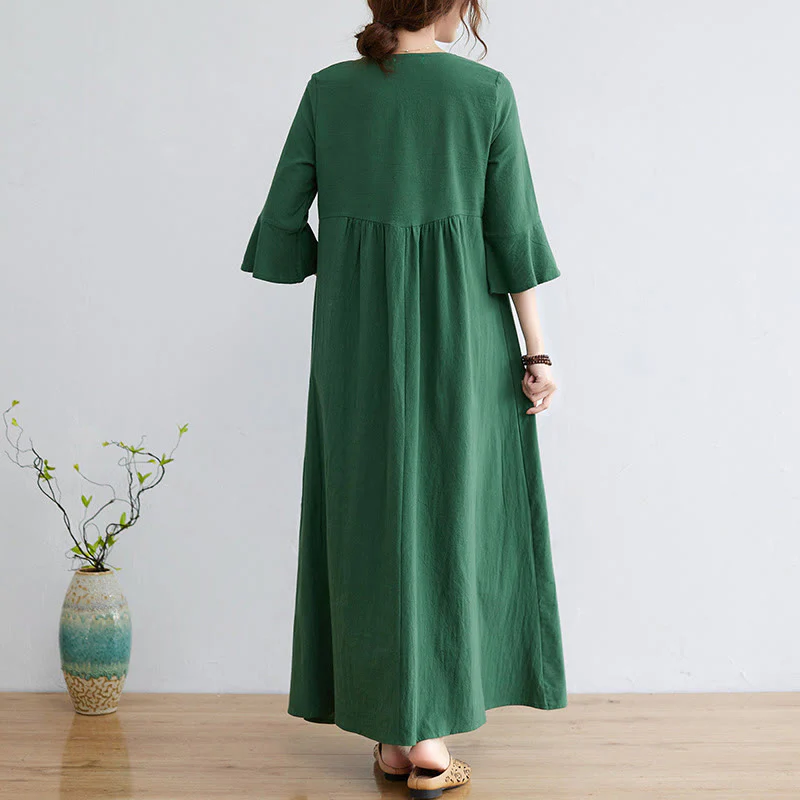 Abito midi in cotone e lino con maniche a tre quarti, scollo a V, motivo floreale ricamato, stile casual, motivo Buddha Stones - Image 17