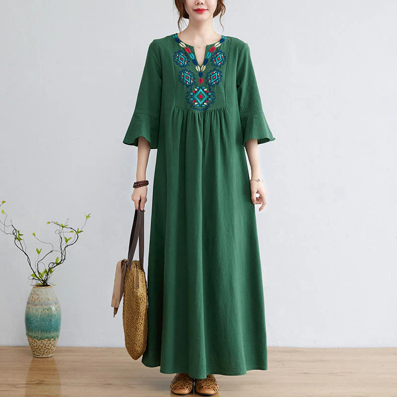 Abito midi in cotone e lino con maniche a tre quarti, scollo a V, motivo floreale ricamato, stile casual, motivo Buddha Stones - Image 19