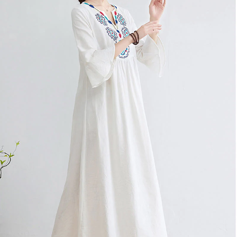 Abito midi in cotone e lino con maniche a tre quarti, scollo a V, motivo floreale ricamato, stile casual, motivo Buddha Stones - Image 3