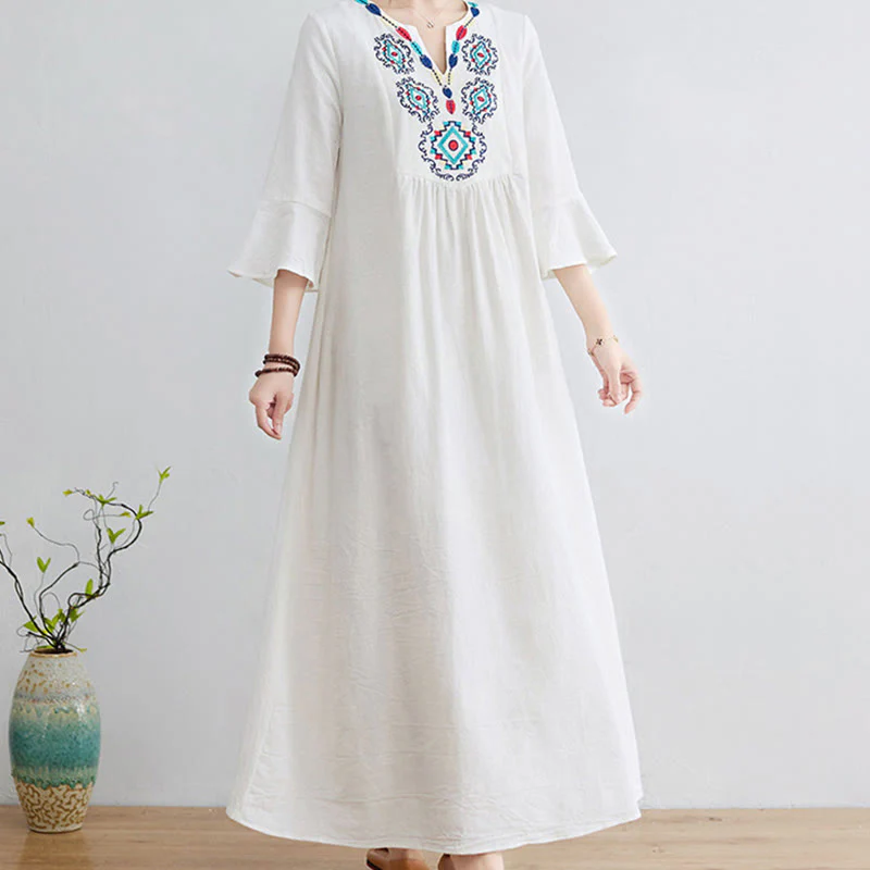 Abito midi in cotone e lino con maniche a tre quarti, scollo a V, motivo floreale ricamato, stile casual, motivo Buddha Stones - Image 5