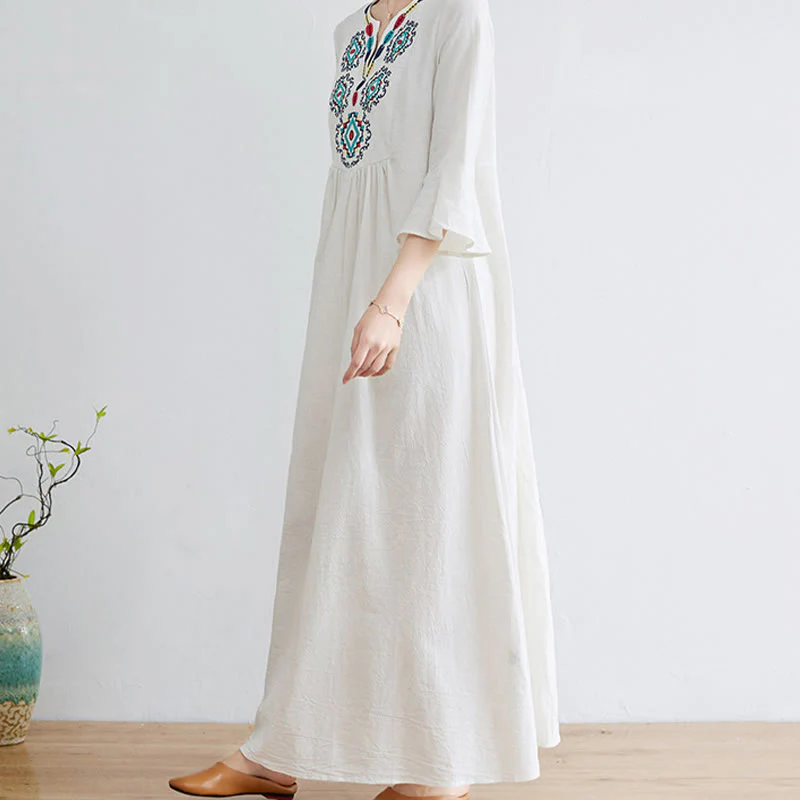 Abito midi in cotone e lino con maniche a tre quarti, scollo a V, motivo floreale ricamato, stile casual, motivo Buddha Stones - Image 6
