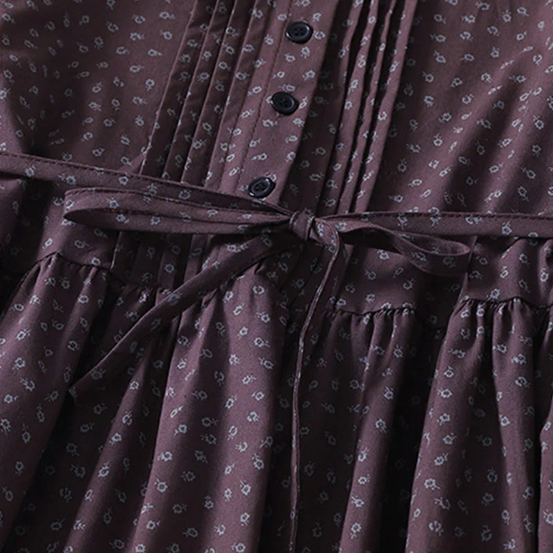 Abito midi in lino e cotone con maniche lunghe, pieghe a fisarmonica, stampa floreale con Buddha Stones e tasche - Image 11