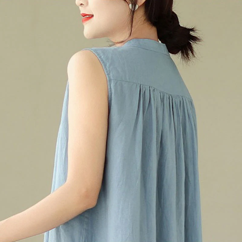 Abito midi in cotone e lino senza maniche, monopetto, con design a pieghe Buddha Stones - Image 17