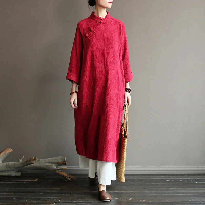 Abito midi jacquard con motivo floreale Buddha Stones, maniche lunghe, in cotone e lino, pantaloni a gamba larga con tasche. - Image 18