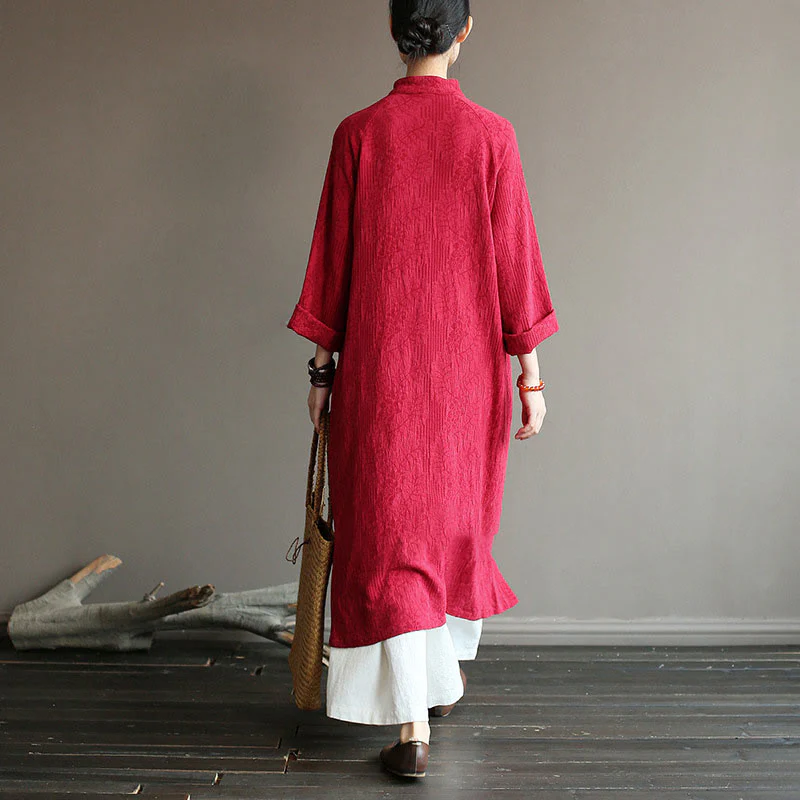 Abito midi jacquard con motivo floreale Buddha Stones, maniche lunghe, in cotone e lino, pantaloni a gamba larga con tasche. - Image 19