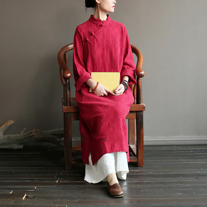 Abito midi jacquard con motivo floreale Buddha Stones, maniche lunghe, in cotone e lino, pantaloni a gamba larga con tasche. - Image 26