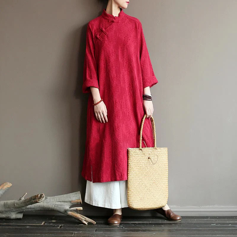 Abito midi jacquard con motivo floreale Buddha Stones, maniche lunghe, in cotone e lino, pantaloni a gamba larga con tasche. - Image 27