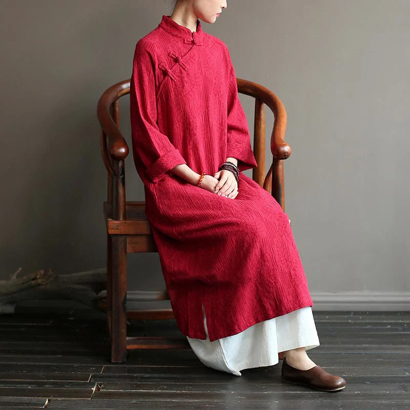 Abito midi jacquard con motivo floreale Buddha Stones, maniche lunghe, in cotone e lino, pantaloni a gamba larga con tasche. - Image 28