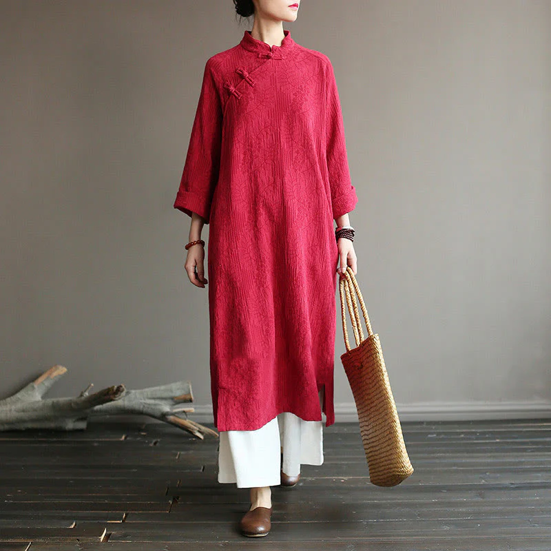 Abito midi jacquard con motivo floreale Buddha Stones, maniche lunghe, in cotone e lino, pantaloni a gamba larga con tasche. - Image 29