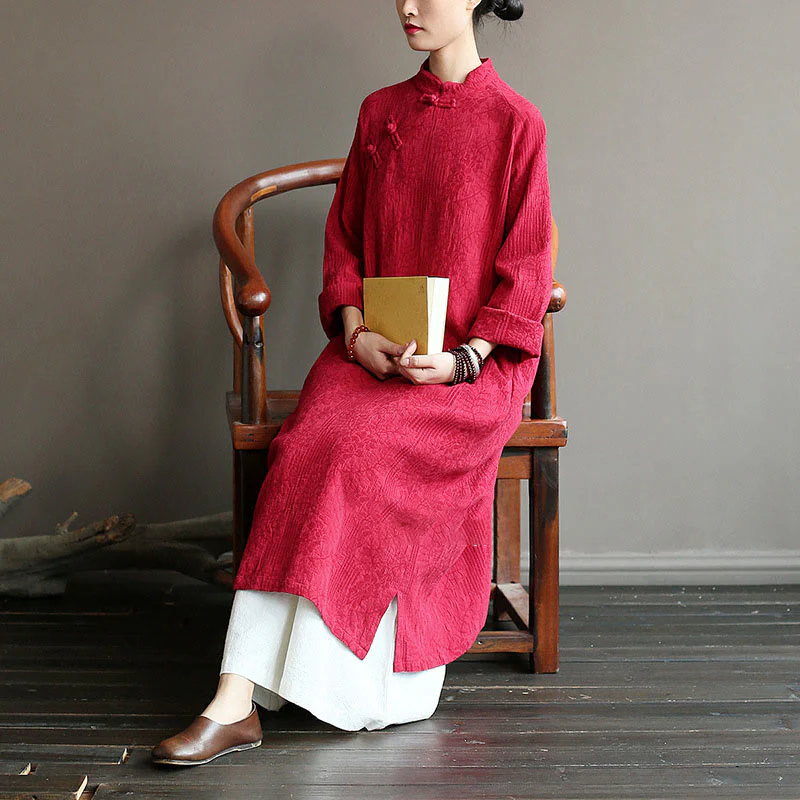 Abito midi jacquard con motivo floreale Buddha Stones, maniche lunghe, in cotone e lino, pantaloni a gamba larga con tasche. - Image 32