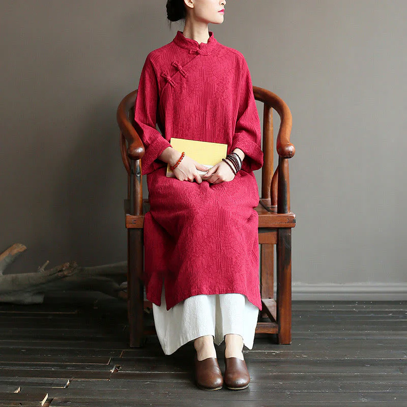 Abito midi jacquard con motivo floreale Buddha Stones, maniche lunghe, in cotone e lino, pantaloni a gamba larga con tasche. - Image 33