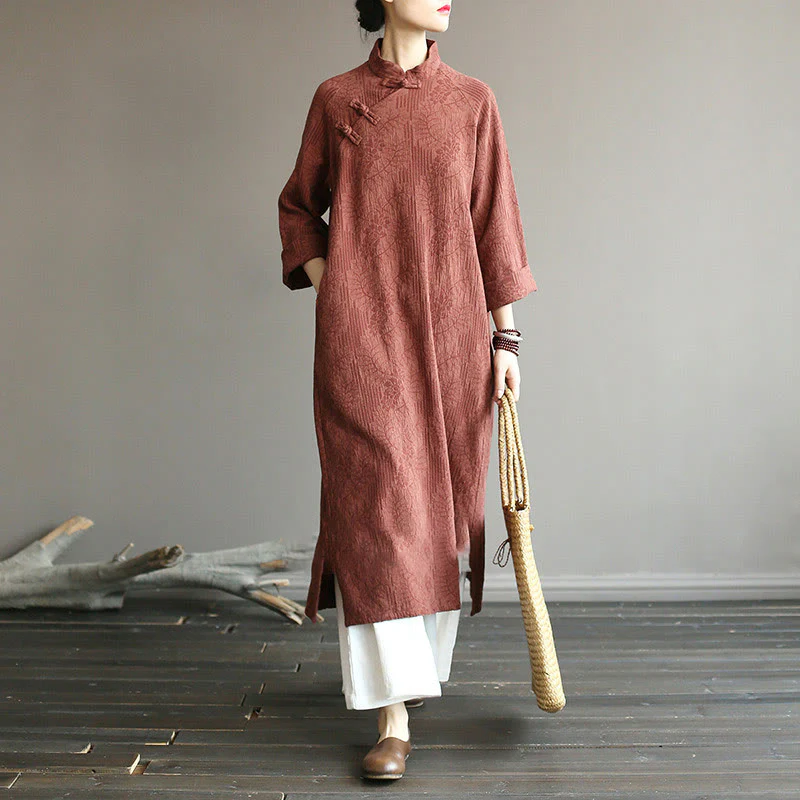 Abito midi jacquard con motivo floreale Buddha Stones, maniche lunghe, in cotone e lino, pantaloni a gamba larga con tasche. - Image 35